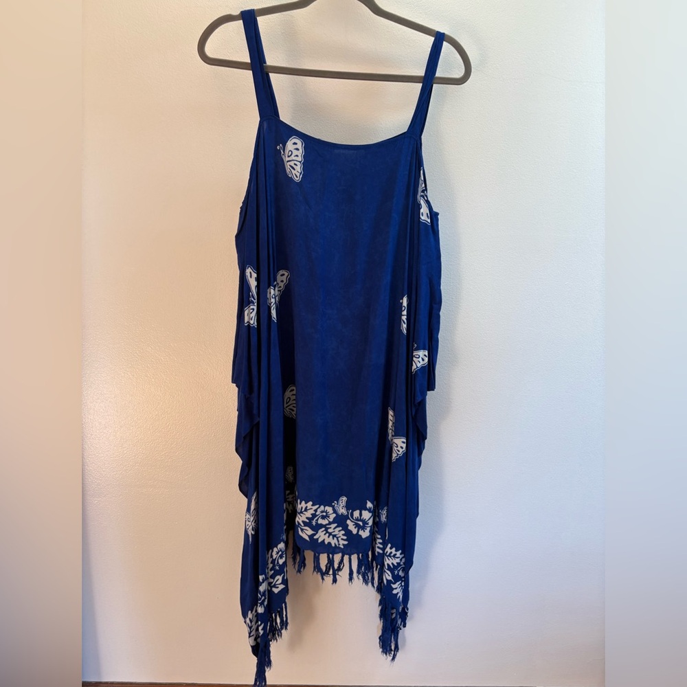Pineapple Moon Blue Butterfly Bhatik Cold-Shoulder Hawaiian Midi Dress OS